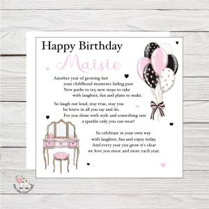 wooden background with clip art images of pink and black balloons with a pink dressing table and black text - it's a birthday card