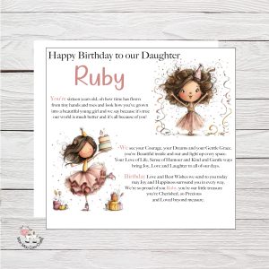 wooden background with clip art image of a whimsical girl with birthday cake and black text, it's a birthday card