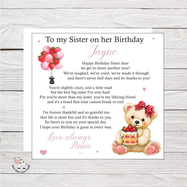 wooden background with clip art image of a teddy bear holding a cake and birthday balloons, black text - it's a birthday card