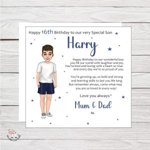 wooden background with clip art image of young boy with black text - it's a birthday card