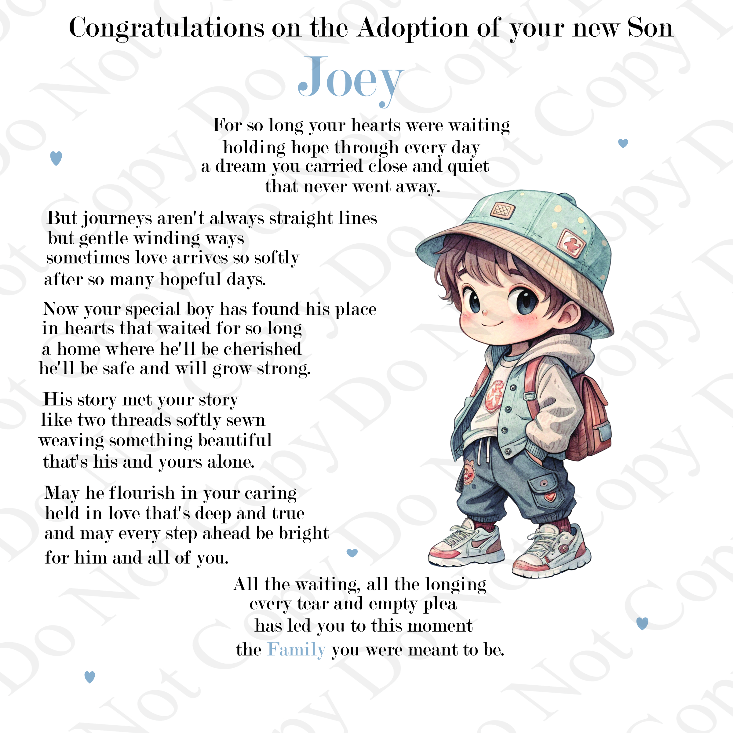 clip art image of a little boy with black text - it's a congratulation on adoption card.