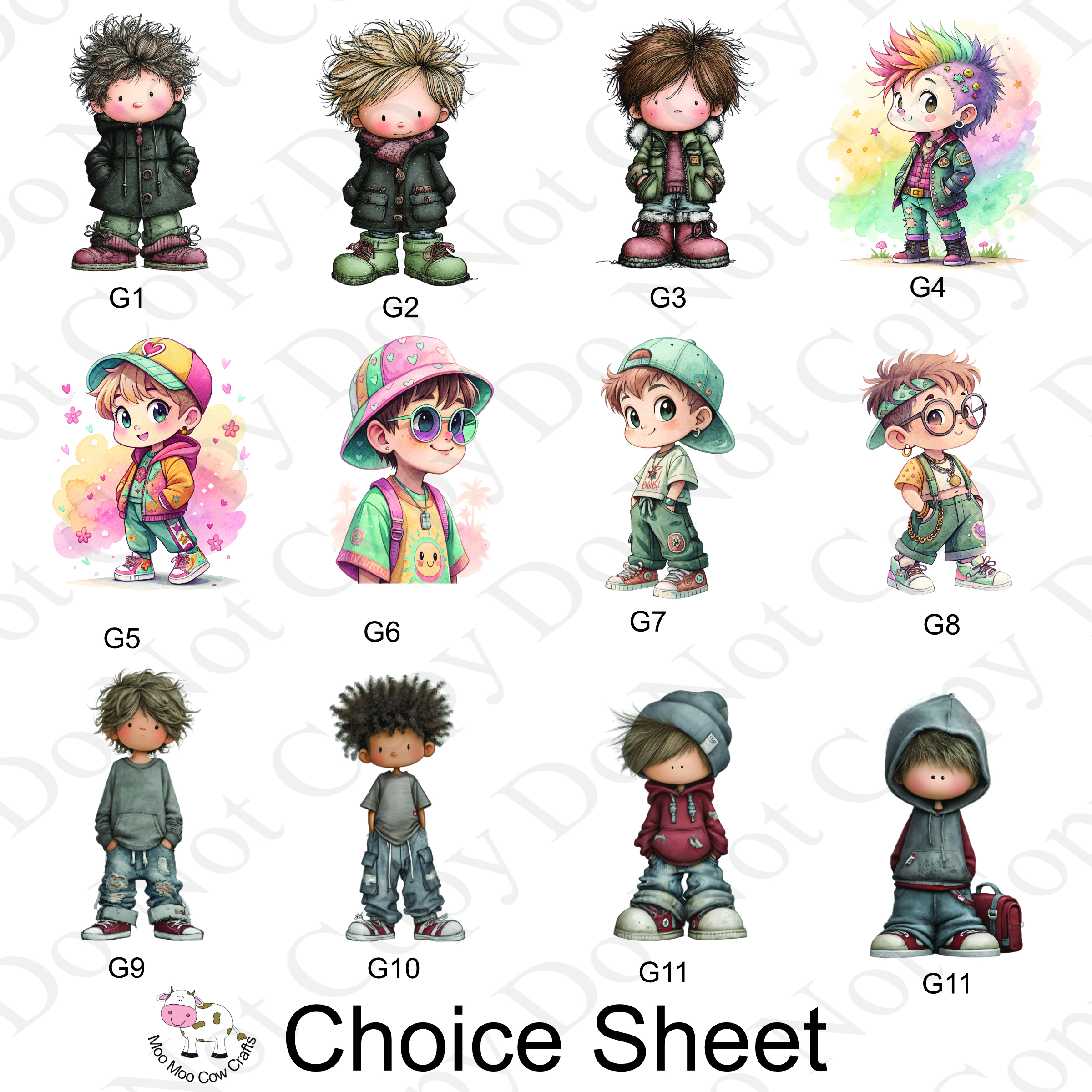 multiple clip art images of little boys - it's a multiple choice sheet to design a card