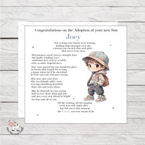 wooden background with clip art image of a little boy and black text - it's a congratulations on adoption card