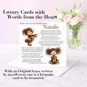 pastel background with a vase of flowers and a greeting card standing on a white envelope