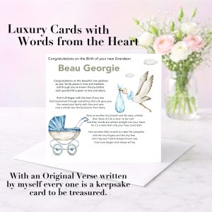 background with vase of flowers and pastel tones with a card sitting on a shelf with a stork carrying a blue baby and a blue pram, it's a congratulations on your new arrival card