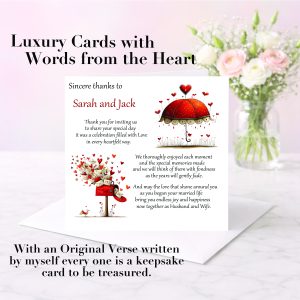 pastel background with pink and white flowers in a vase with a card standing on a white envelope with clip art images of a red umbrella and a red post box with red hearts. It is a thank you card for attending a wedding.