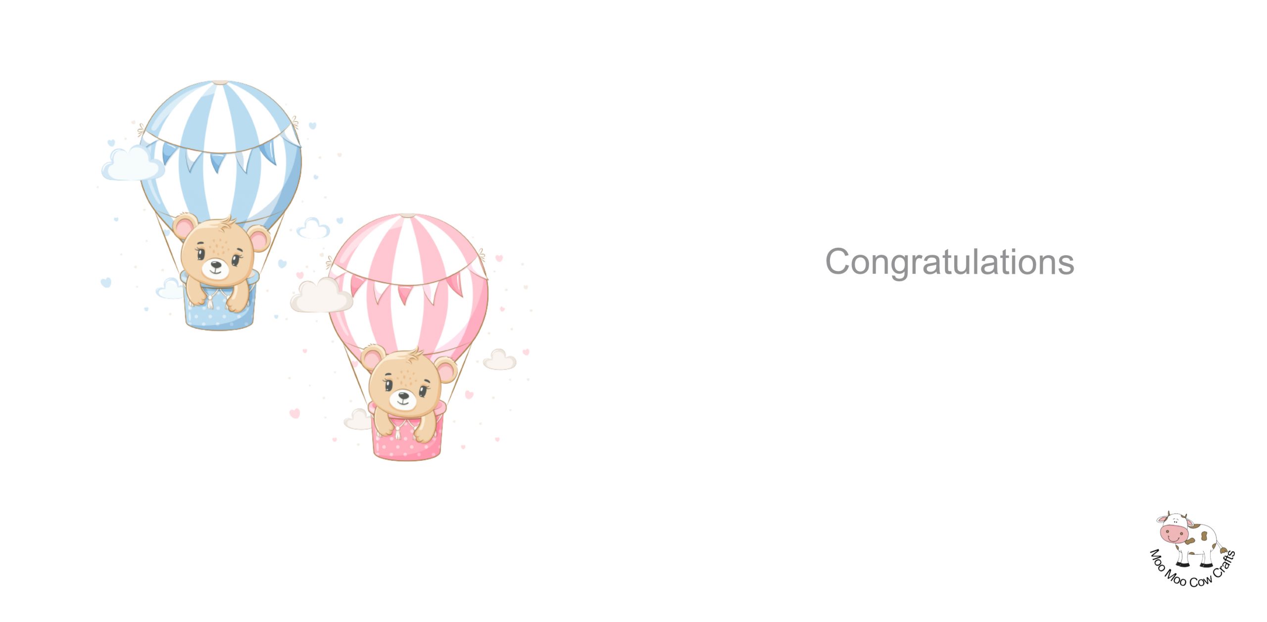 two clip art images of bears in hot air ballons, one pink and one blue. it is the inside of a christening card for twin babies.