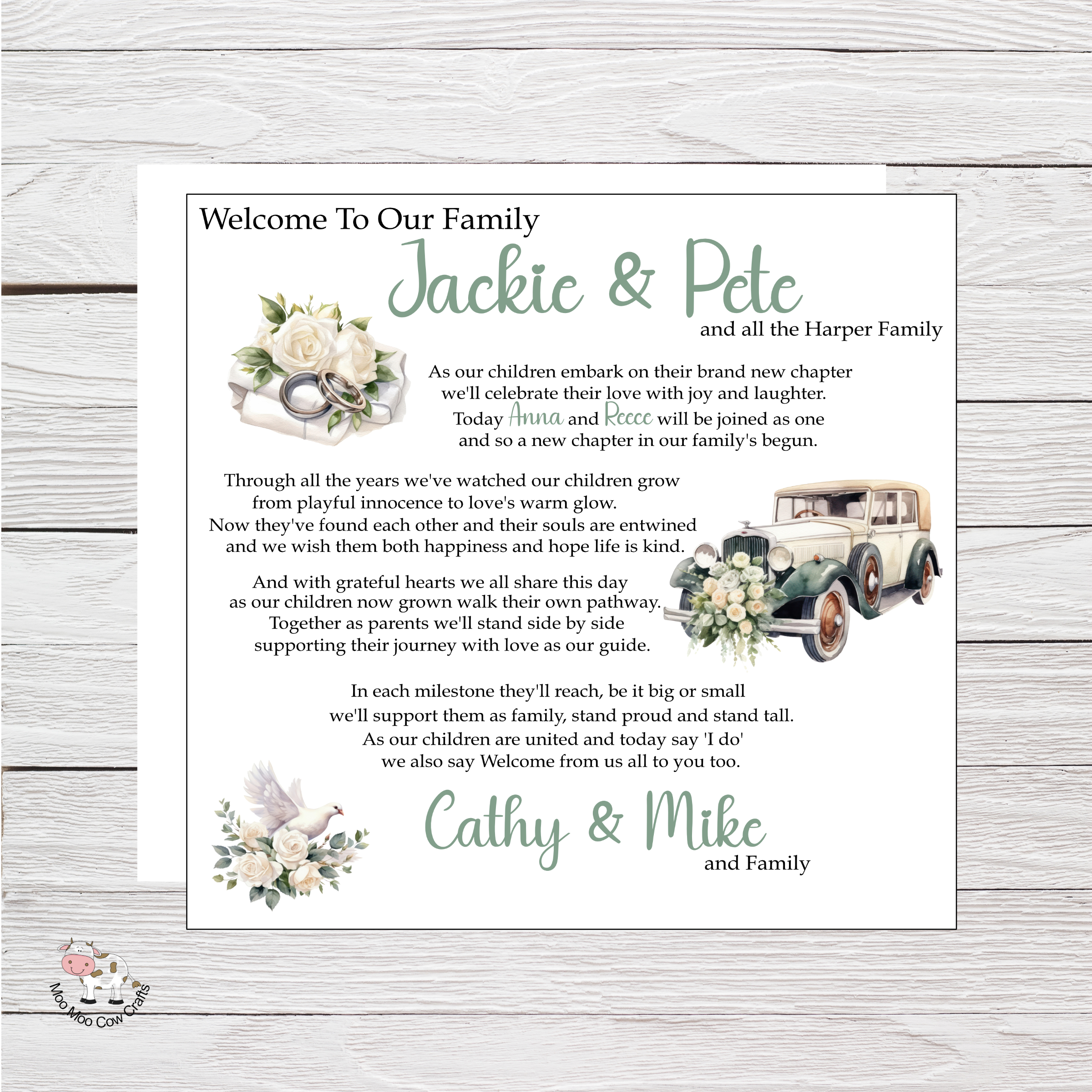wooden background with a white card standing on a white envelope, the card has two clip art images. One is a car and the other is flowers, it's a welcome to the family wedding card.