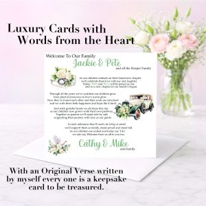pastel background with vase of pink and white flowers, white card standing on a white envelope, the card has two clip art images. One is a car and the other is flowers, it's a welcome to the family wedding card.