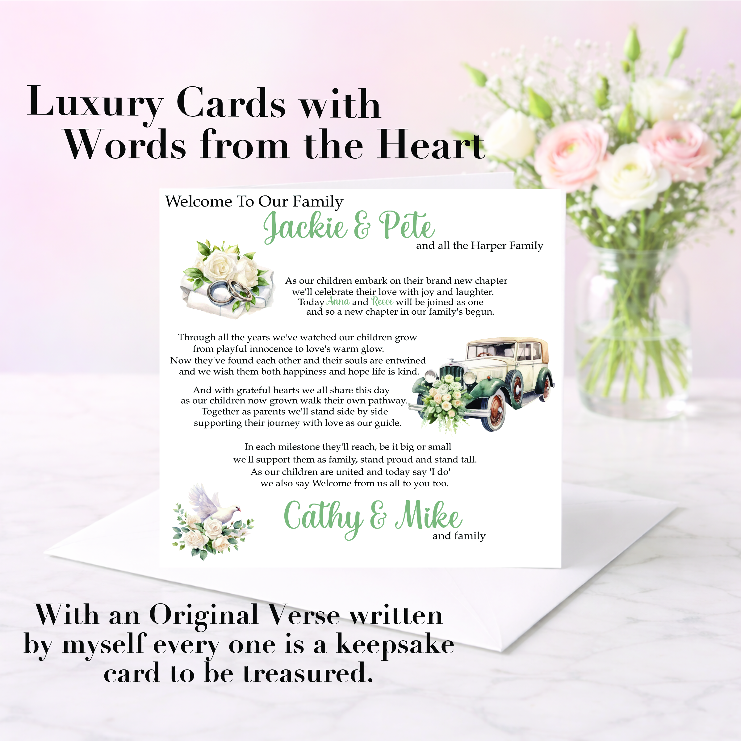 pastel background with vase of pink and white flowers, white card standing on a white envelope, the card has two clip art images. One is a car and the other is flowers, it's a welcome to the family wedding card.
