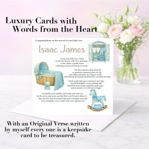 pastel background with pink vase, card standing on a white envelope and clip art images of baby boy blue items - it's a congratulations card for a new baby boy.
