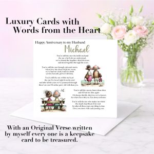 pastel background with vase of pink and white flowers, a white square with clip art images of an old couple - it's an anniversary card.