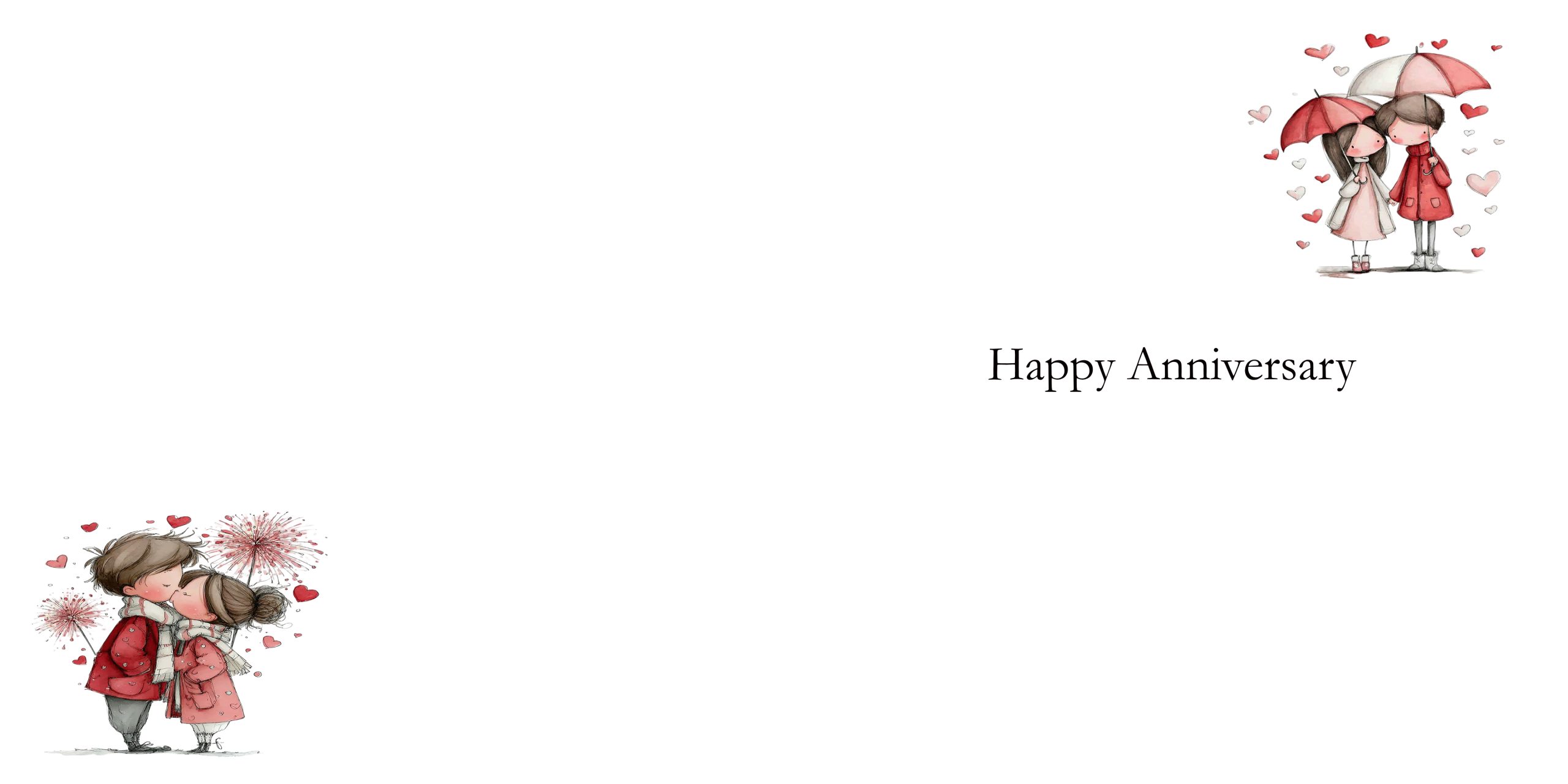 inside an anniversary card with clip art images of a whimsical couple standing underneath an umbrella and another one having a kiss.