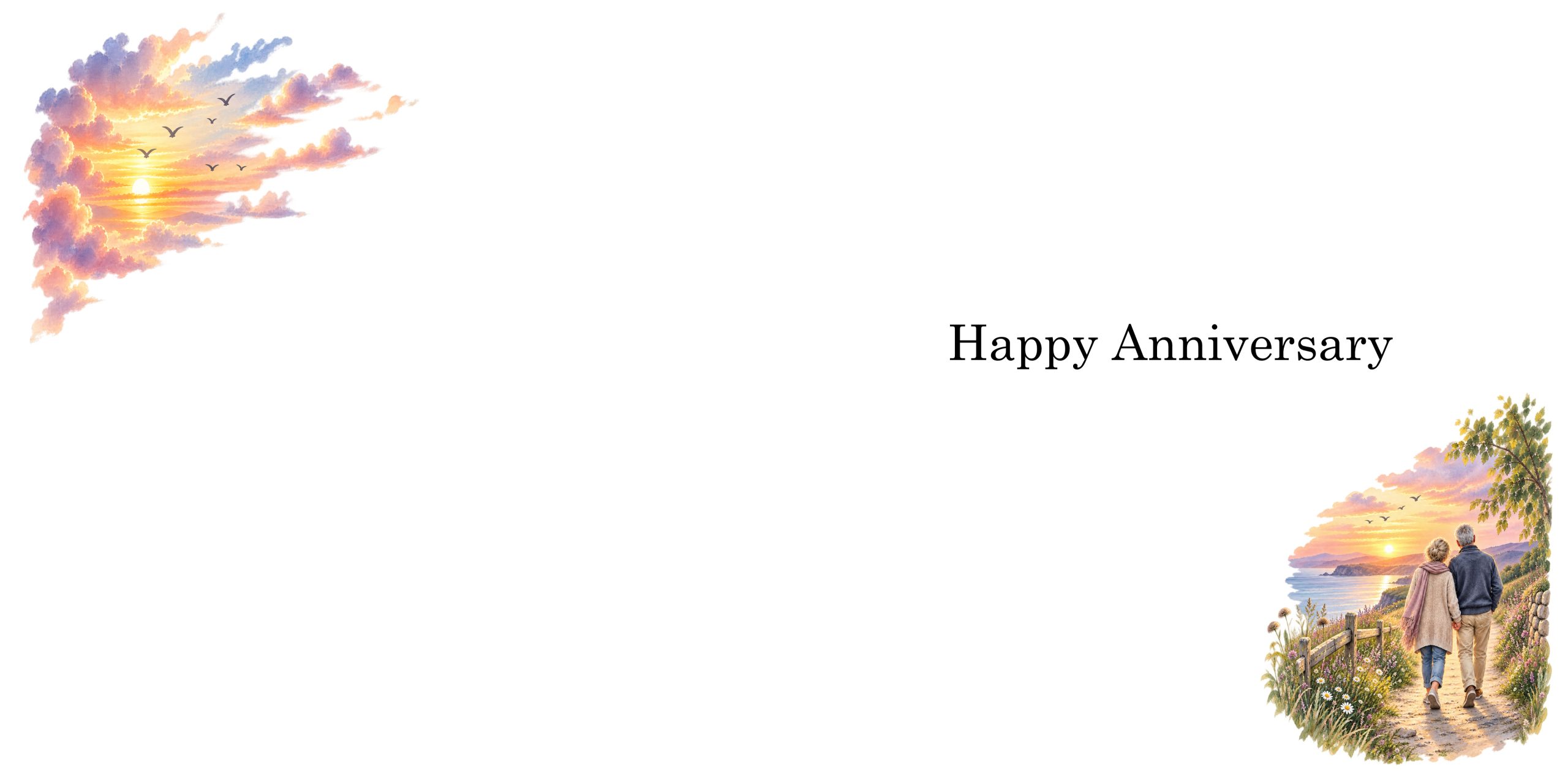 Inside of personalised anniversary card with Happy Anniversary greeting, sunset sky and an older couple walking hand in hand along a country path.