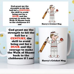 Personalised cricket mug showing a cartoon cricketer with custom name and a funny cricket quote about scoring a century and being out for a duck.