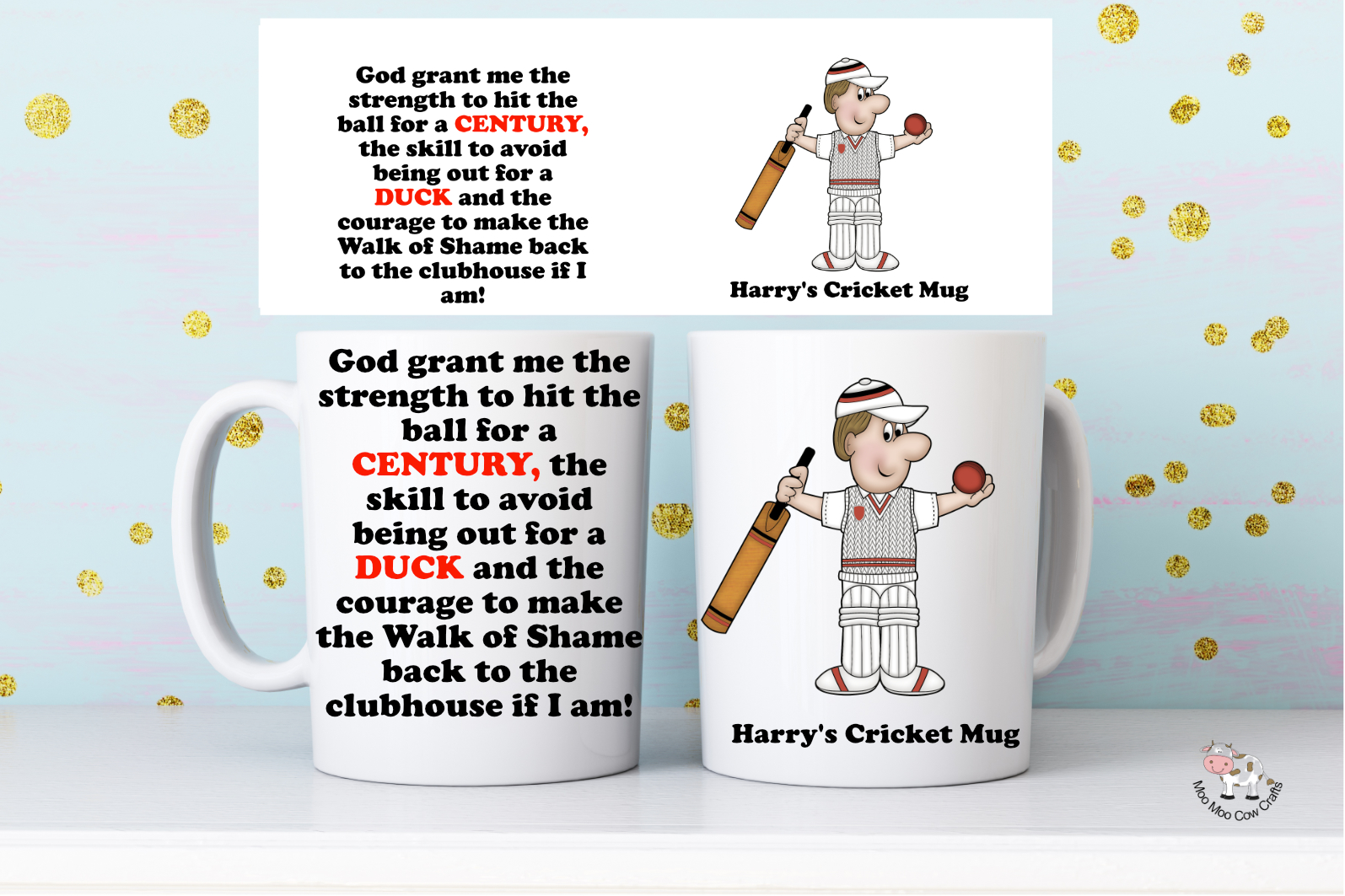 Personalised cricket mug showing a cartoon cricketer with custom name and a funny cricket quote about scoring a century and being out for a duck.