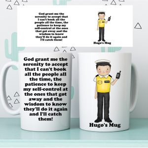 Personalised traffic warden mug showing a custom character with name and a funny traffic warden quote on the reverse.