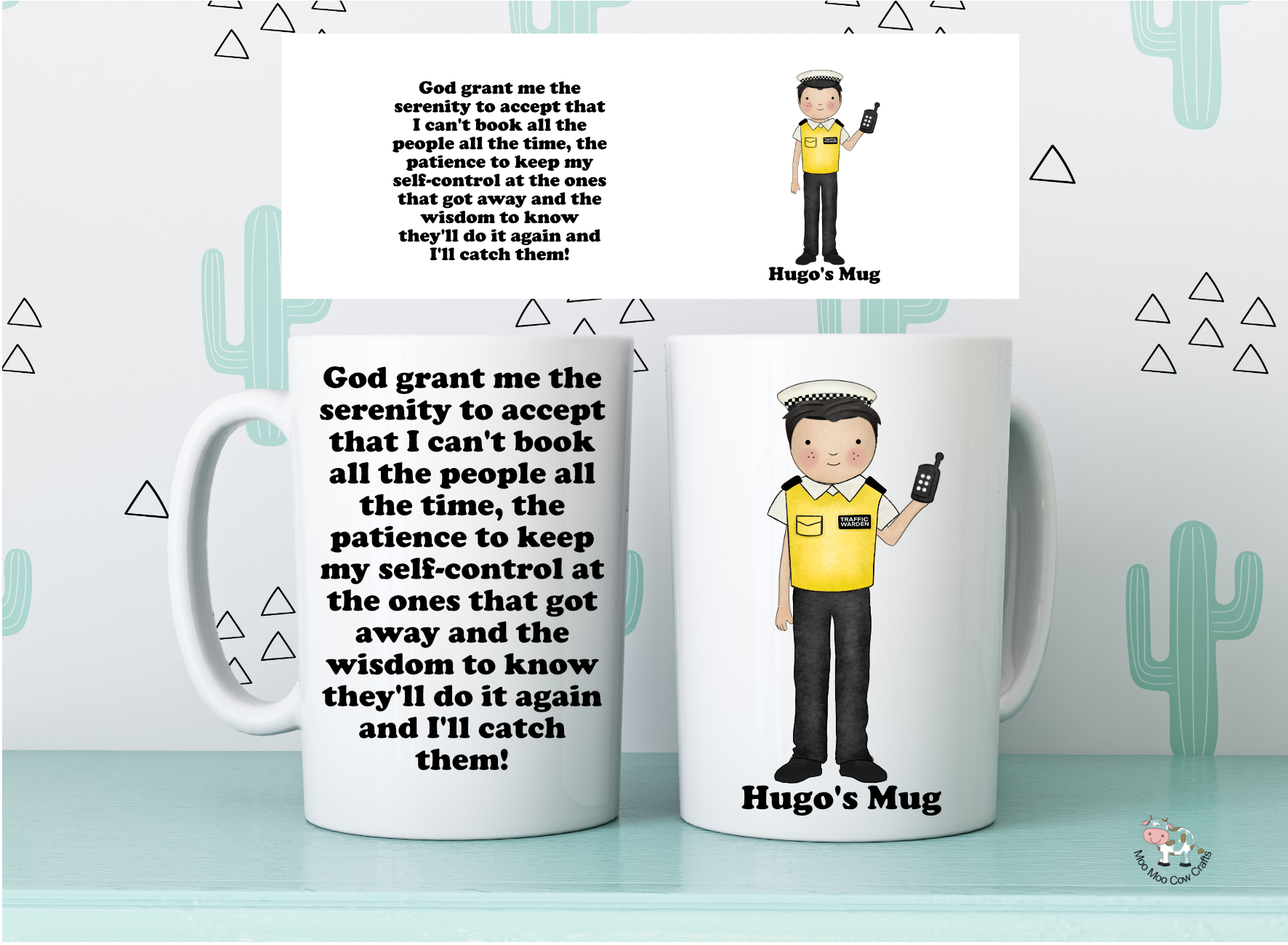 Personalised traffic warden mug showing a custom character with name and a funny traffic warden quote on the reverse.