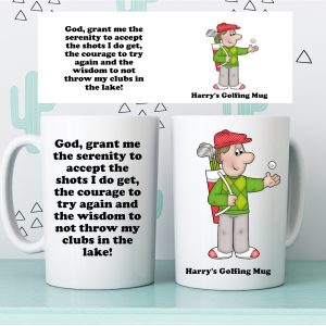 Personalised golf mug showing a cartoon golfer with custom name and a funny golfing quote about keeping calm and not throwing golf clubs in the lake.