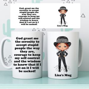 Personalised policewoman mug showing a female police officer character and a funny serenity-style verse, personalised with a name.