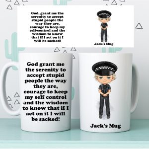 Personalised policeman mug showing a male police officer character with a name and a funny serenity-style verse on the reverse.