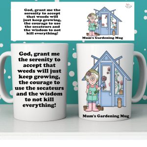 Personalised lady gardener mug with funny gardening serenity prayer, greenhouse and female gardener illustration