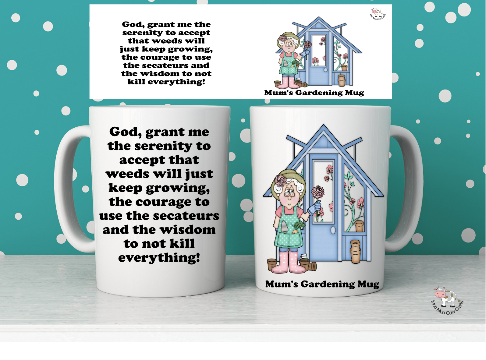 Personalised lady gardener mug with funny gardening serenity prayer, greenhouse and female gardener illustration