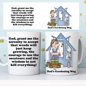 Personalised male gardener mug with funny gardening serenity prayer, greenhouse and gardener illustration