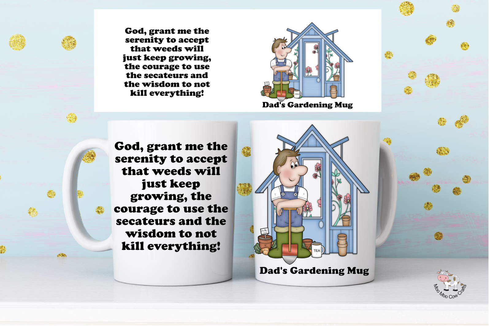 Personalised male gardener mug with funny gardening serenity prayer, greenhouse and gardener illustration