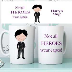 Personalised funeral director mug showing a male funeral director character and the words “Not all heroes wear capes”, with a personalised name.