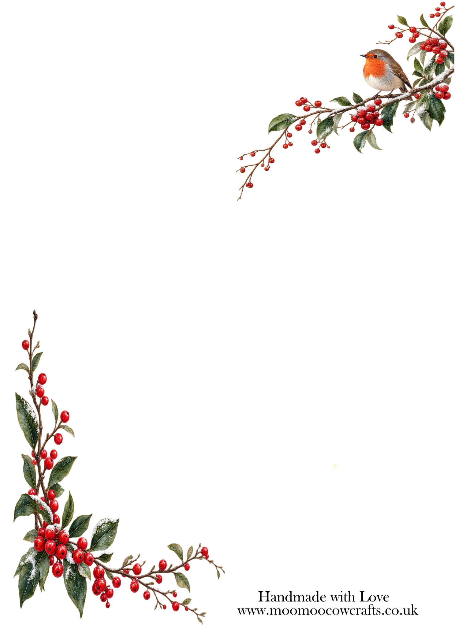 Blank reverse of personalised Christmas graveside memorial card with robin and red berry branches, ready for a handwritten message