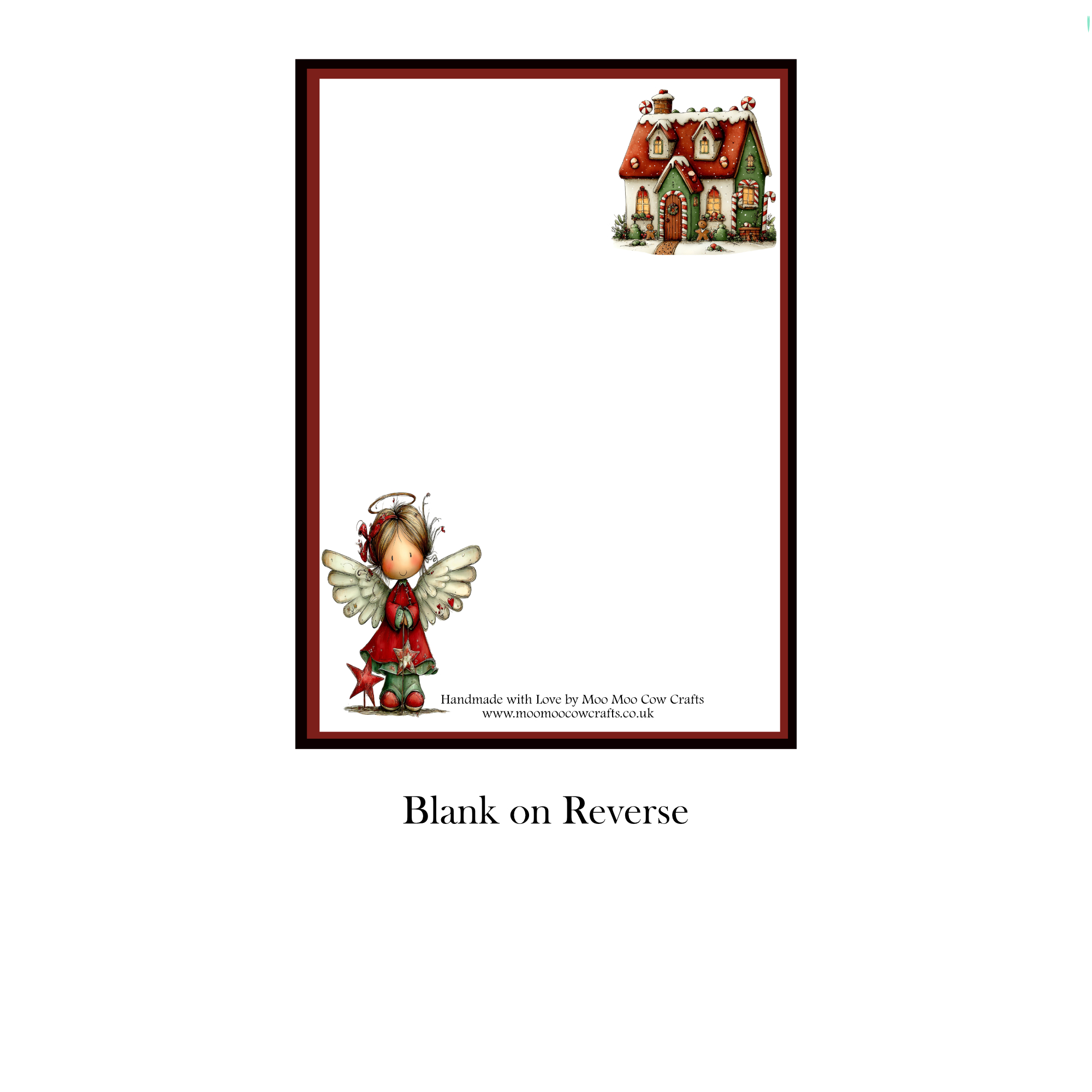 Blank reverse of personalised Christmas graveside memorial card, with Little Angel illustration and Christmas house design. ❤️