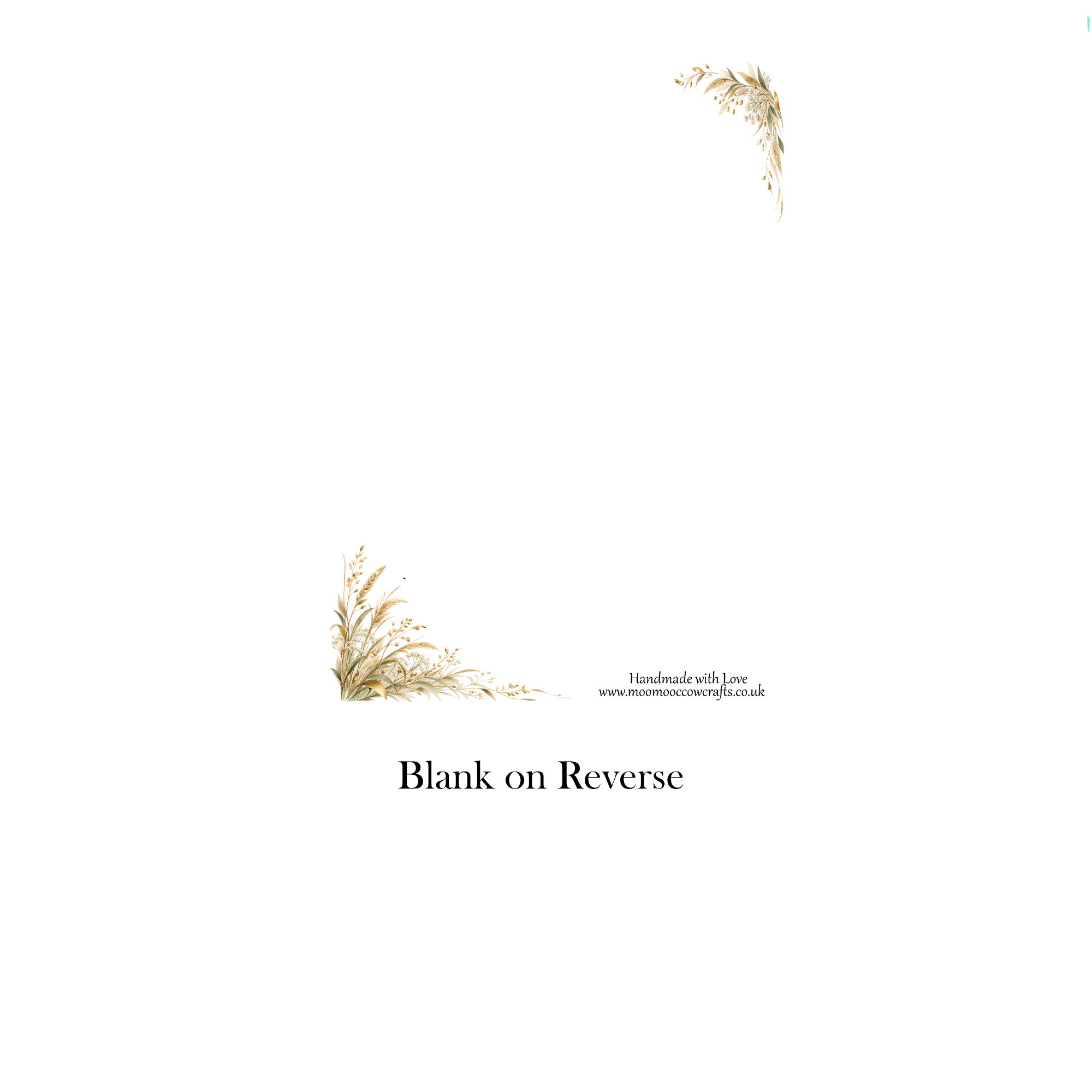 Reverse of Golden Wedding memorial grave card with gold botanical decoration, handmade branding and blank space on the reverse.