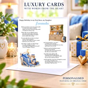blue and cream images of a home with flowers in a vase and a candle - white square with similar clip art images and black text - its a Birthday card by oo Moo Cow Crafts