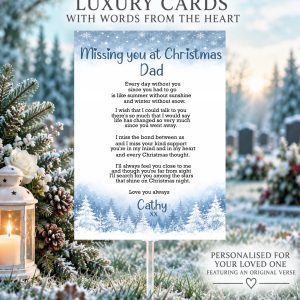 Personalised Christmas graveside memorial card with blue snowy trees and original remembrance verse