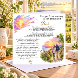Personalised anniversary card for a husband featuring the After All These Years original verse and an older couple walking hand in hand along a country path at sunset.