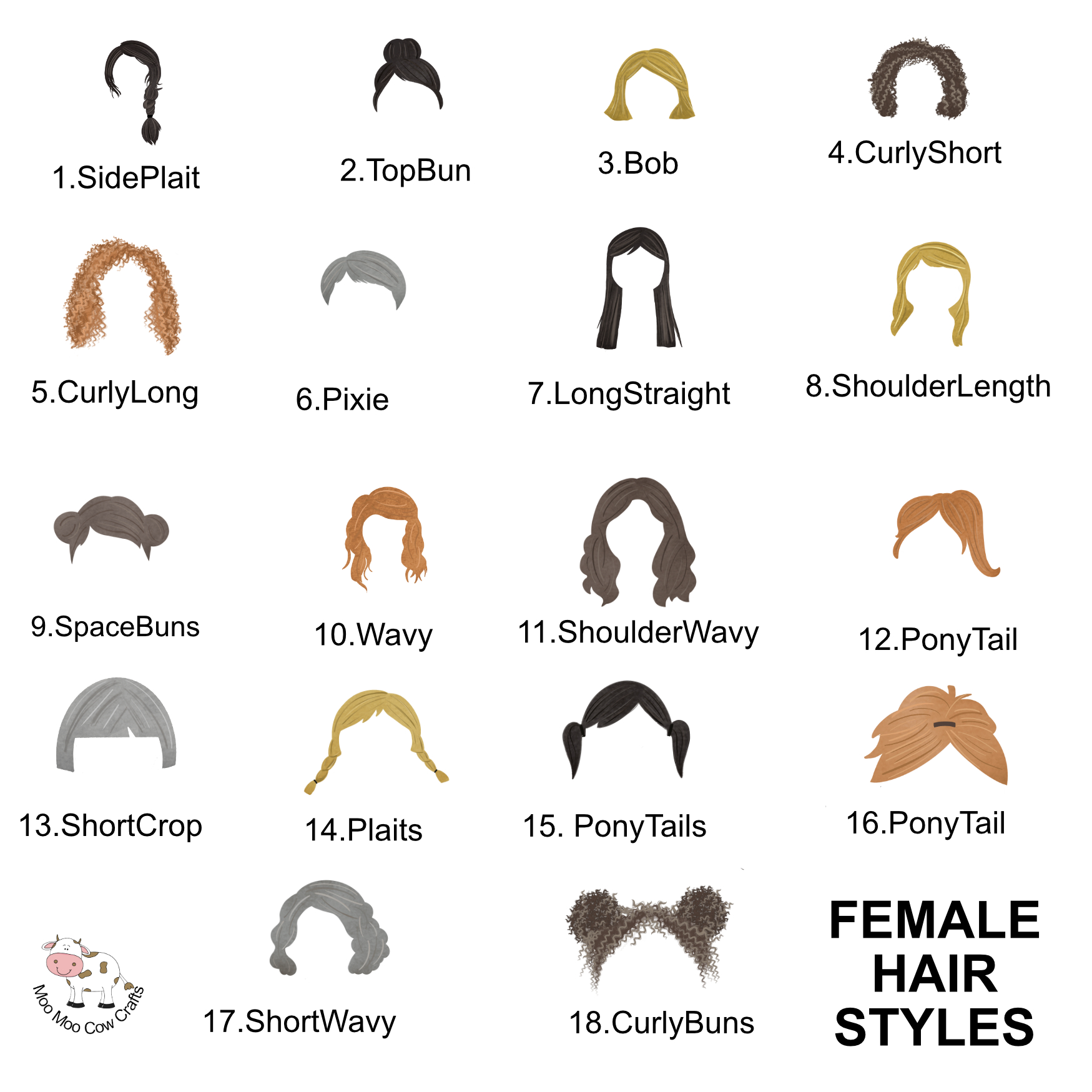 Selection of women’s hairstyle options for personalising the traffic warden character, including short, long, curly, straight, plaited, ponytail and bun styles.