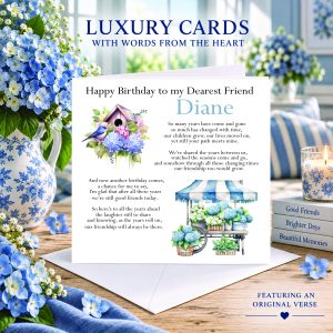 Personalised friendship birthday card featuring the name Diane, blue hydrangea illustrations, birdhouse and flower cart, with an original rhyming verse, displayed in a blue and white floral setting.