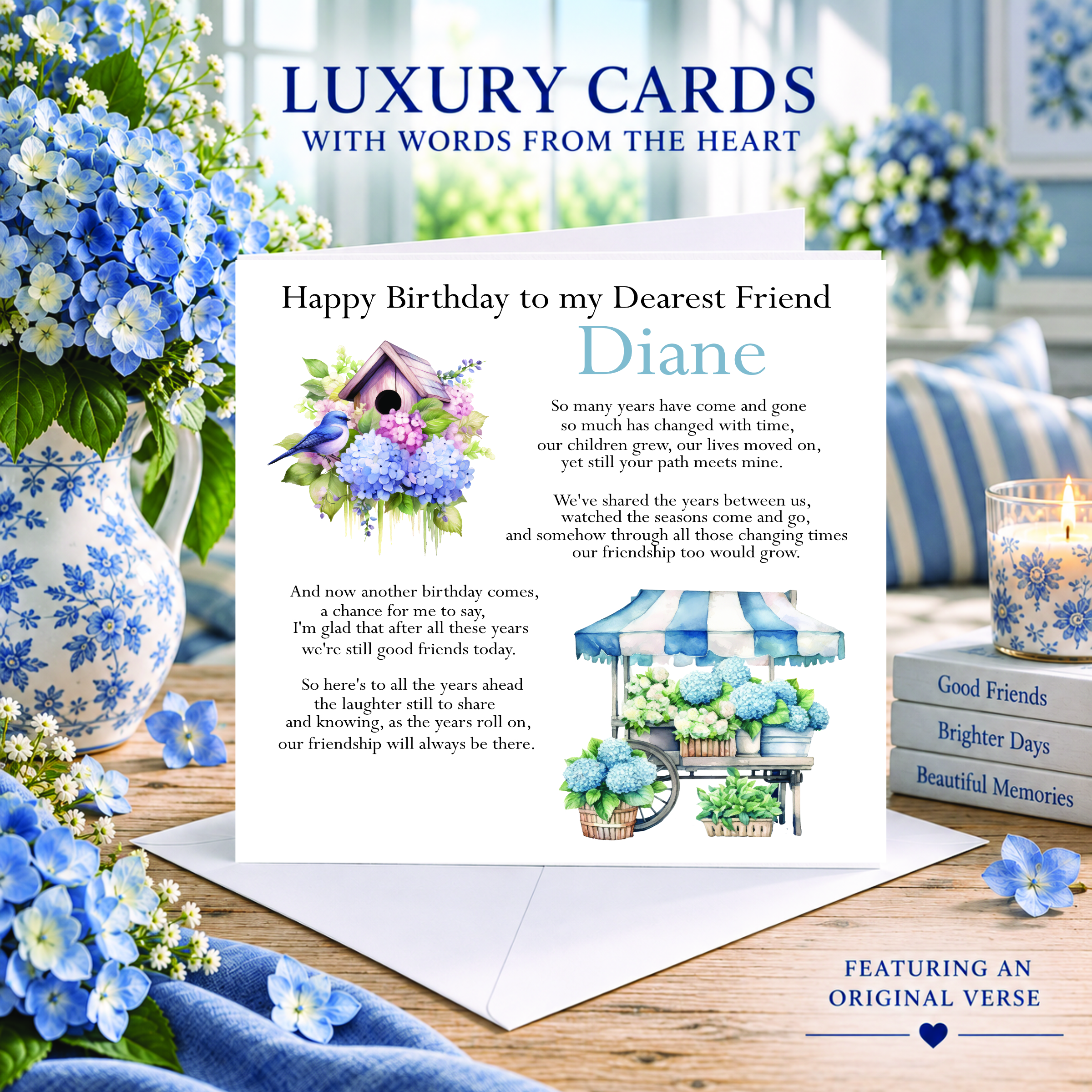 Personalised friendship birthday card featuring the name Diane, blue hydrangea illustrations, birdhouse and flower cart, with an original rhyming verse, displayed in a blue and white floral setting.