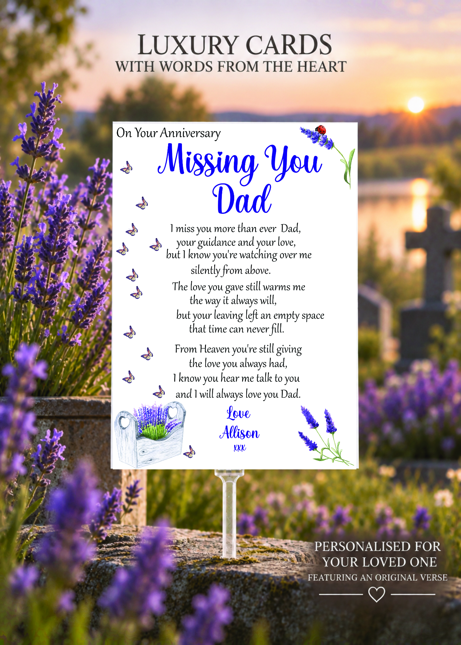Personalised Missing You Dad memorial grave card with original verse, displayed in a clear graveside holder among lavender flowers.