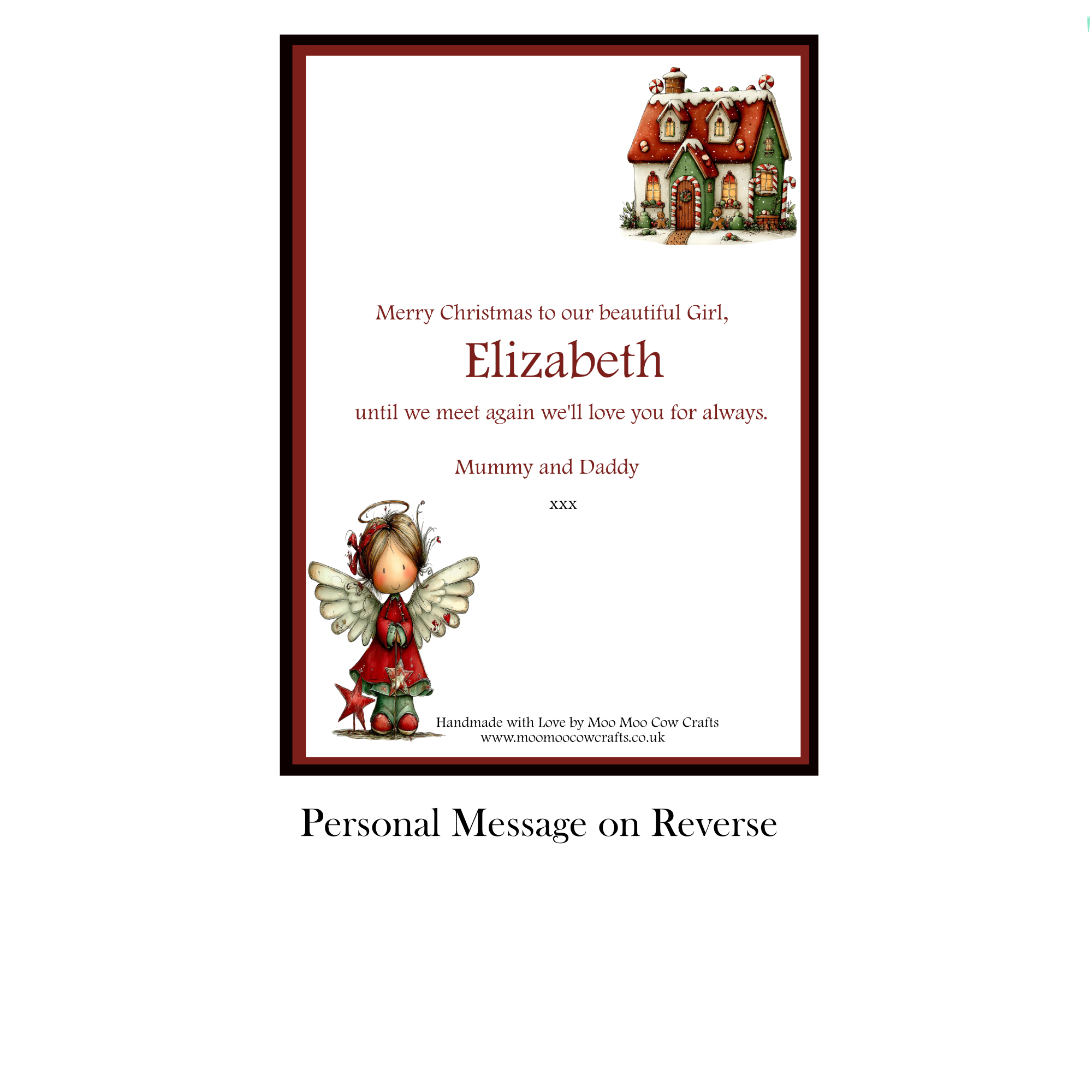 Reverse of personalised Christmas graveside memorial card showing an example personal message with name and wording from Mummy and Daddy.