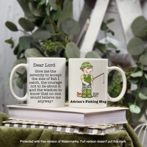 Personalised fishing mug with cartoon fisherman, custom name and funny fishing quote, shown from the front and reverse.