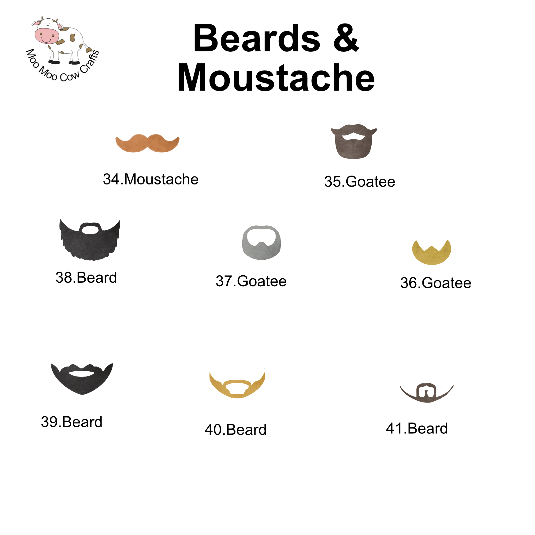 Selection of moustache, goatee and beard options in different styles and colours for personalising the traffic warden character.