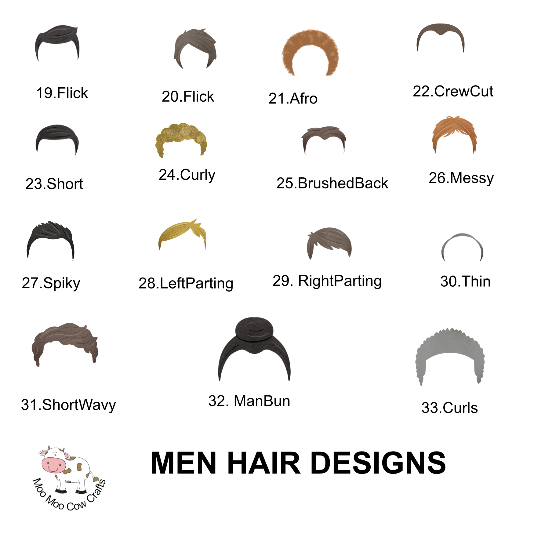 Selection of men’s hairstyle options for personalising the traffic warden character, including short, curly, spiky, parted and man bun styles.