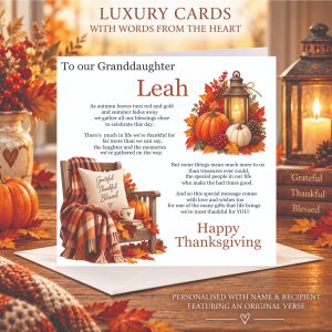 cosy autumn home with rust and orange accessories - white square with autumn accessoires and black text - it's a Thanksgiving card by Moo Moo Cow Crafts