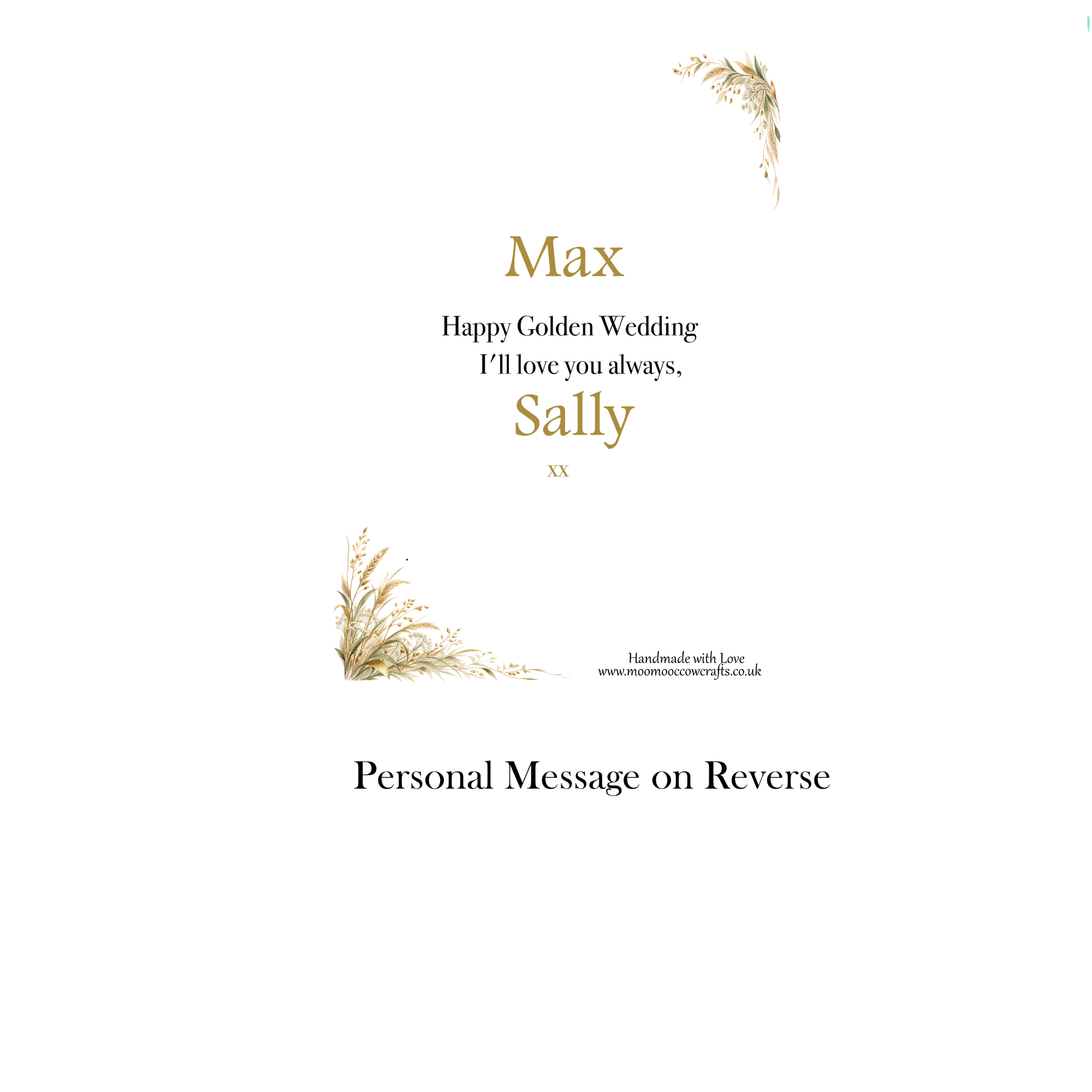 Reverse of personalised Golden Wedding memorial grave card showing an optional personal message for a loved one, with gold botanical decoration.