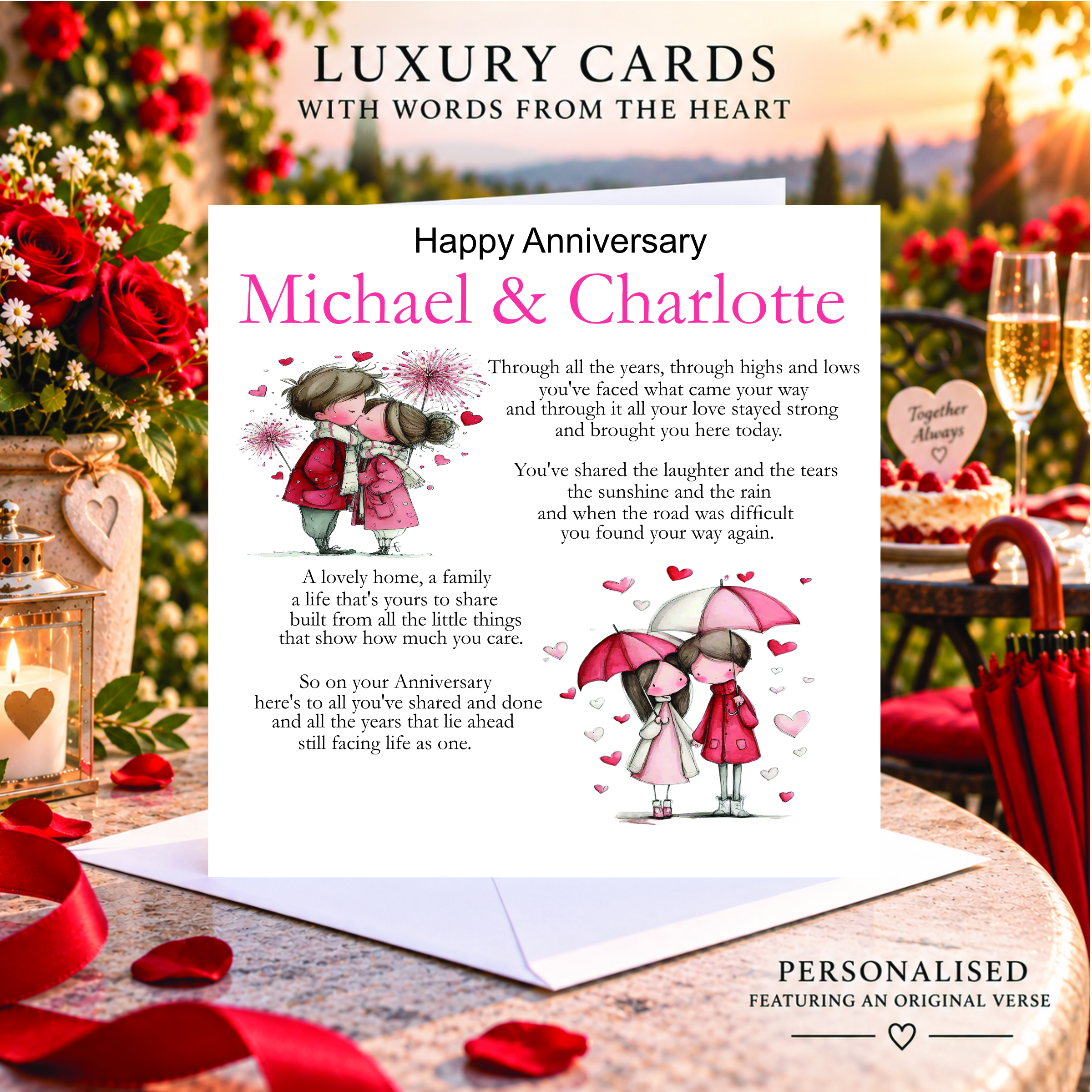 outdoor background with a vase of red roses, champagne glasses and red petals with a card standing on a table - it's an anniversary card by Moo Moo Cow Crafts