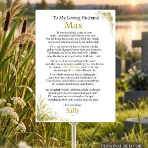 Personalised Golden Wedding memorial grave card for a husband, with gold botanical design, original verse and clear graveside holder.