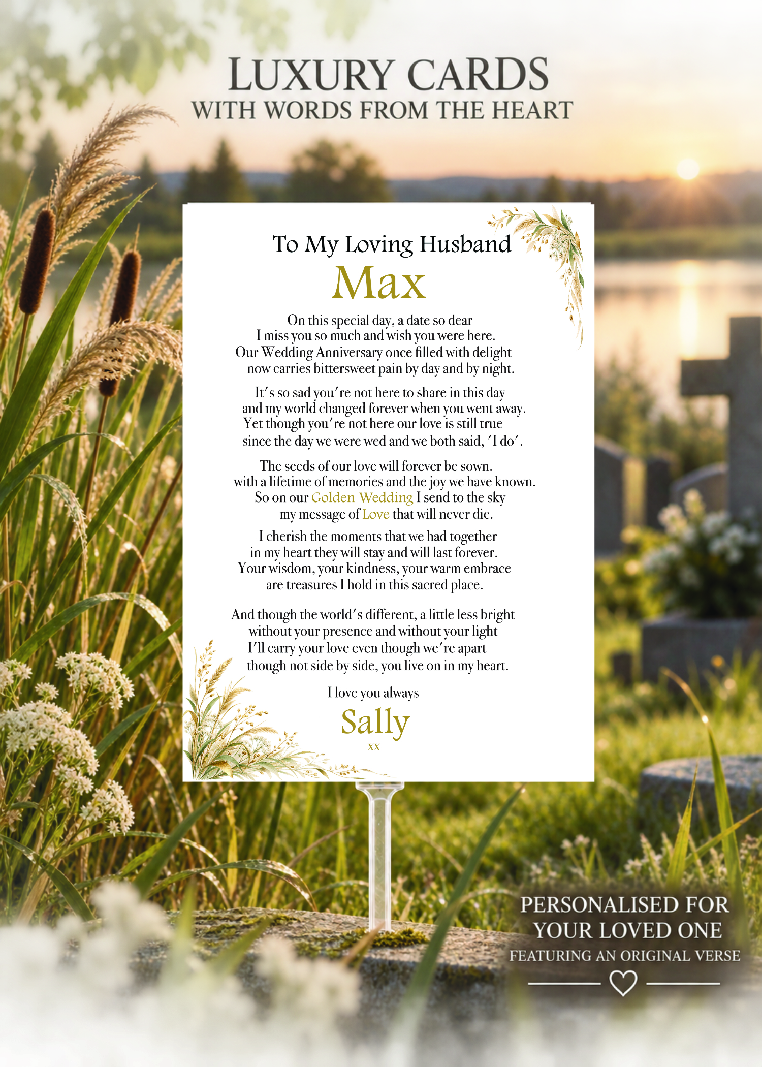 Personalised Golden Wedding memorial grave card for a husband, with gold botanical design, original verse and clear graveside holder.