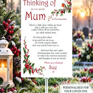 Personalised Christmas graveside memorial card for Mum with robin and red berry design, original remembrance verse and clear grave holder